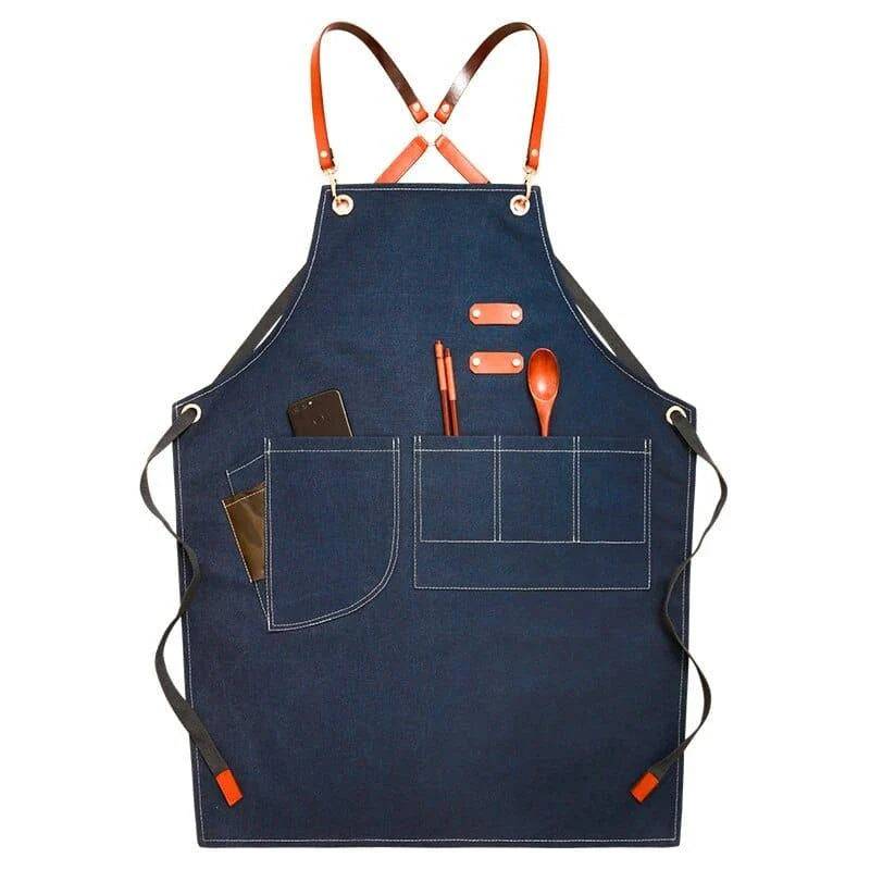 Premium canvas barista apron with British-inspired design, perfect for protecting clothing while crafting coffee.