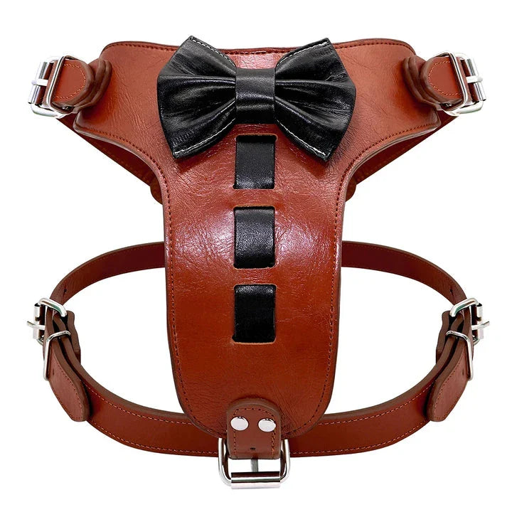 Premium genuine leather dog harness with a charming bowknot accessory, designed for medium to large breed dogs