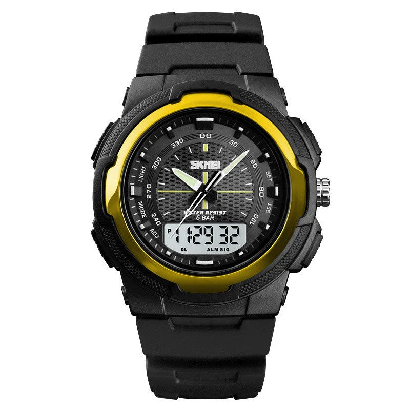A stylish men's electronic watch with a dual display and a durable rubber strap
