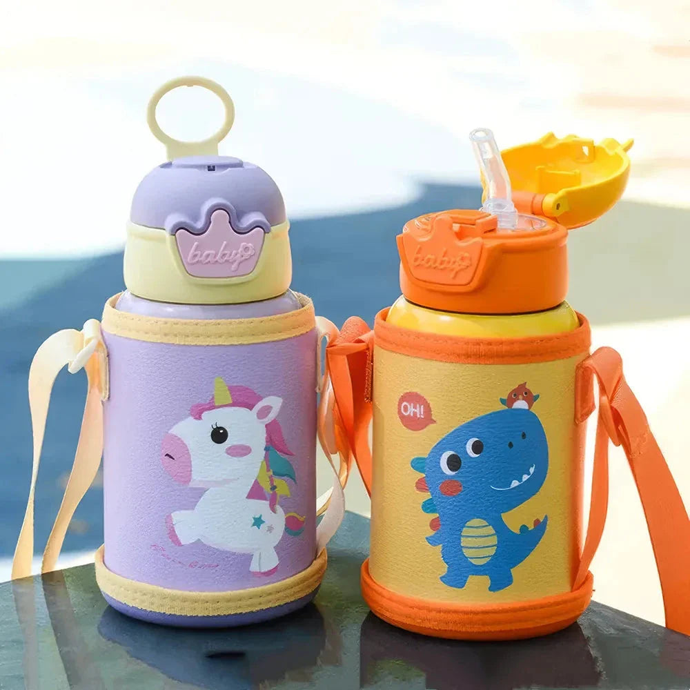 Cute purple unicorn-themed thermos bottle with a large 500ml capacity and stainless steel construction, designed to keep drinks warm or cold for extended periods.