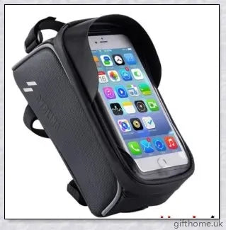 Premium waterproof bicycle handlebar bag with touch screen access, made of durable nylon and TPU carbon fabric for weather protection and convenient device control.