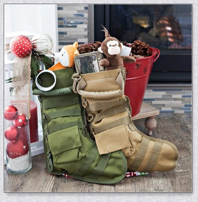 Elite Tactical Christmas Stocking with vertical zipper, carry handle, and customisable storage pouch, perfect for outdoor and tactical gear enthusiasts in the UK