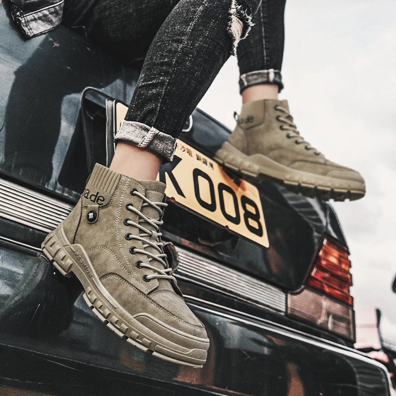 Stylish high-top Martin boots for men in black, brown, and grey colours
