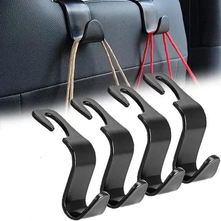 Premium 4-pack car seat headrest hooks in black, designed to organise and declutter UK drivers' vehicles