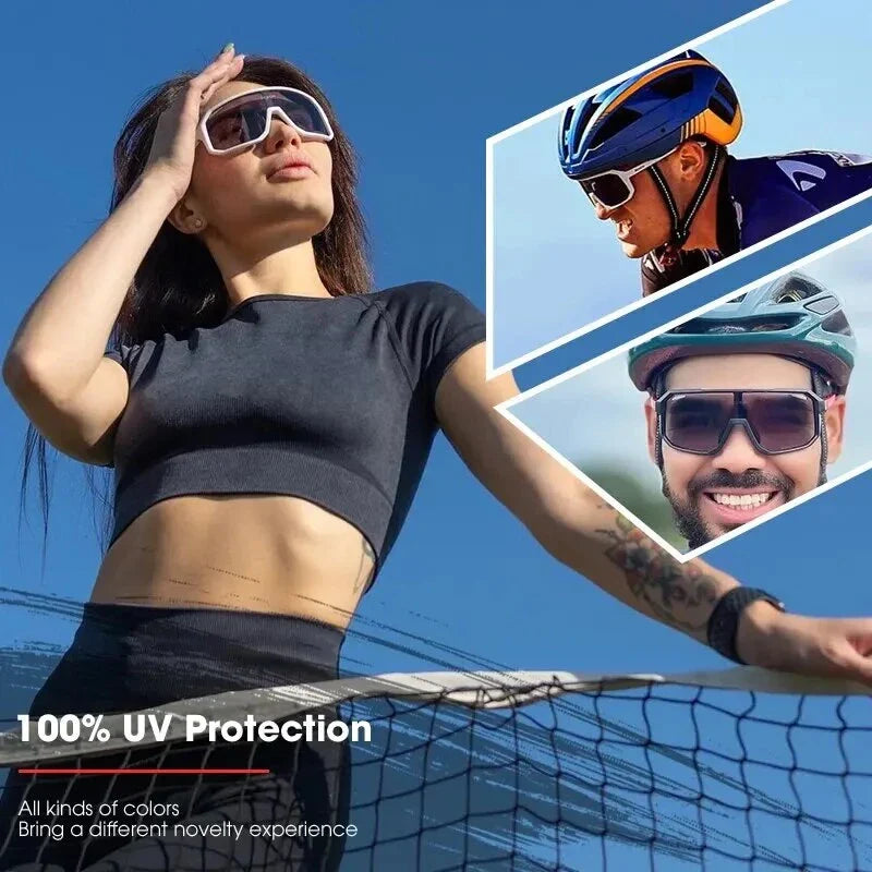 Pair of black photochromic cycling sunglasses with adjustable fit and UV400 protection