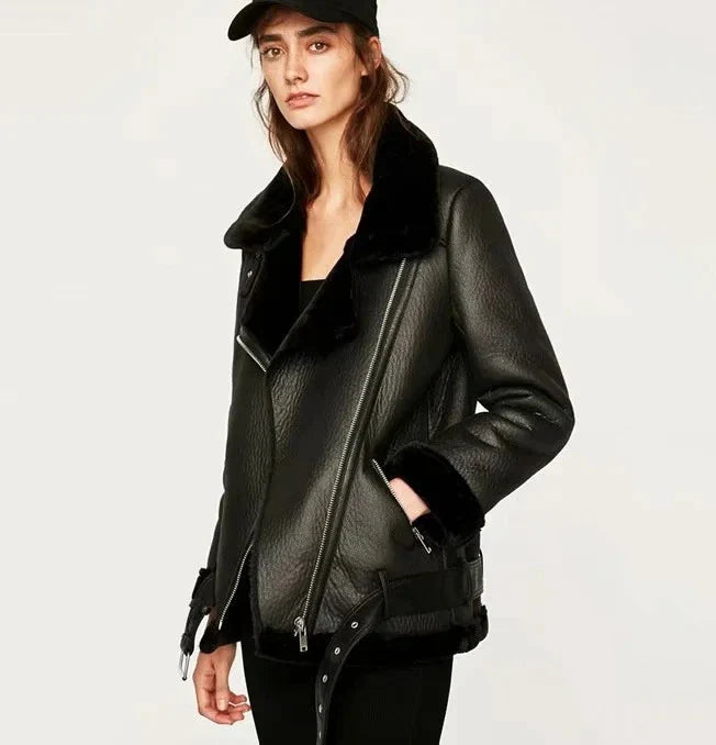 Stylish ladies' PU leather jacket with trendy belt in black colour
