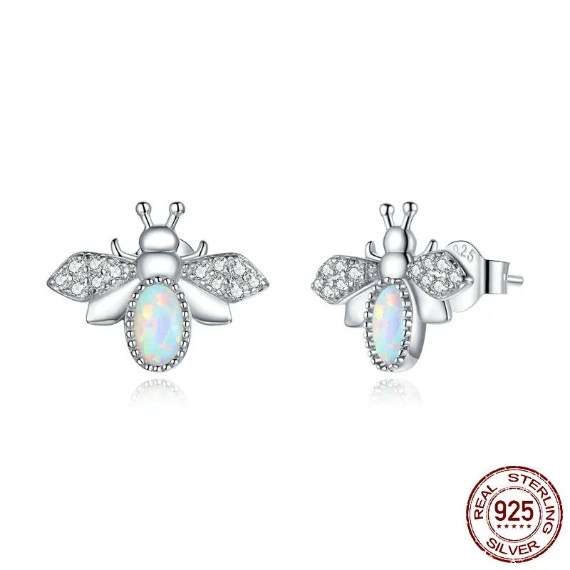 Charming Bee Stud Earrings with 925 sterling silver, white gold plating, and sparkling zircon and opal accents