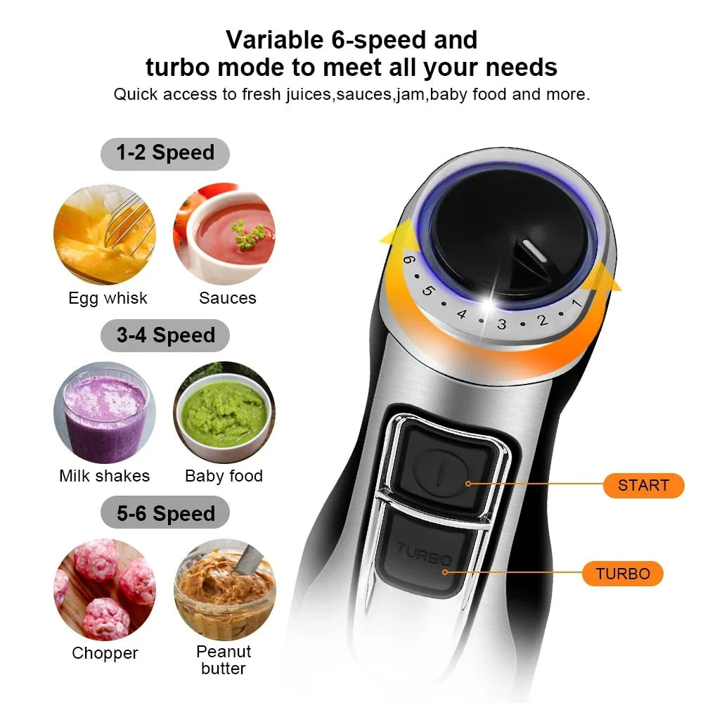 A powerful 1200W 4-in-1 immersion hand blender with attachments for chopping, blending, and whipping