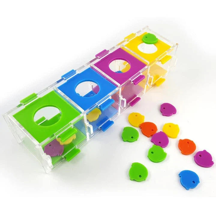 Colourful and engaging puzzle toy designed to stimulate a parrot's cognitive abilities and problem-solving skills
