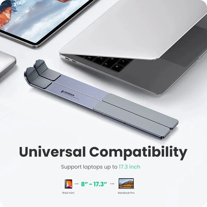 Adjustable and foldable aluminium laptop stand with 5 height levels, cooling design, and skidproof silicone platform