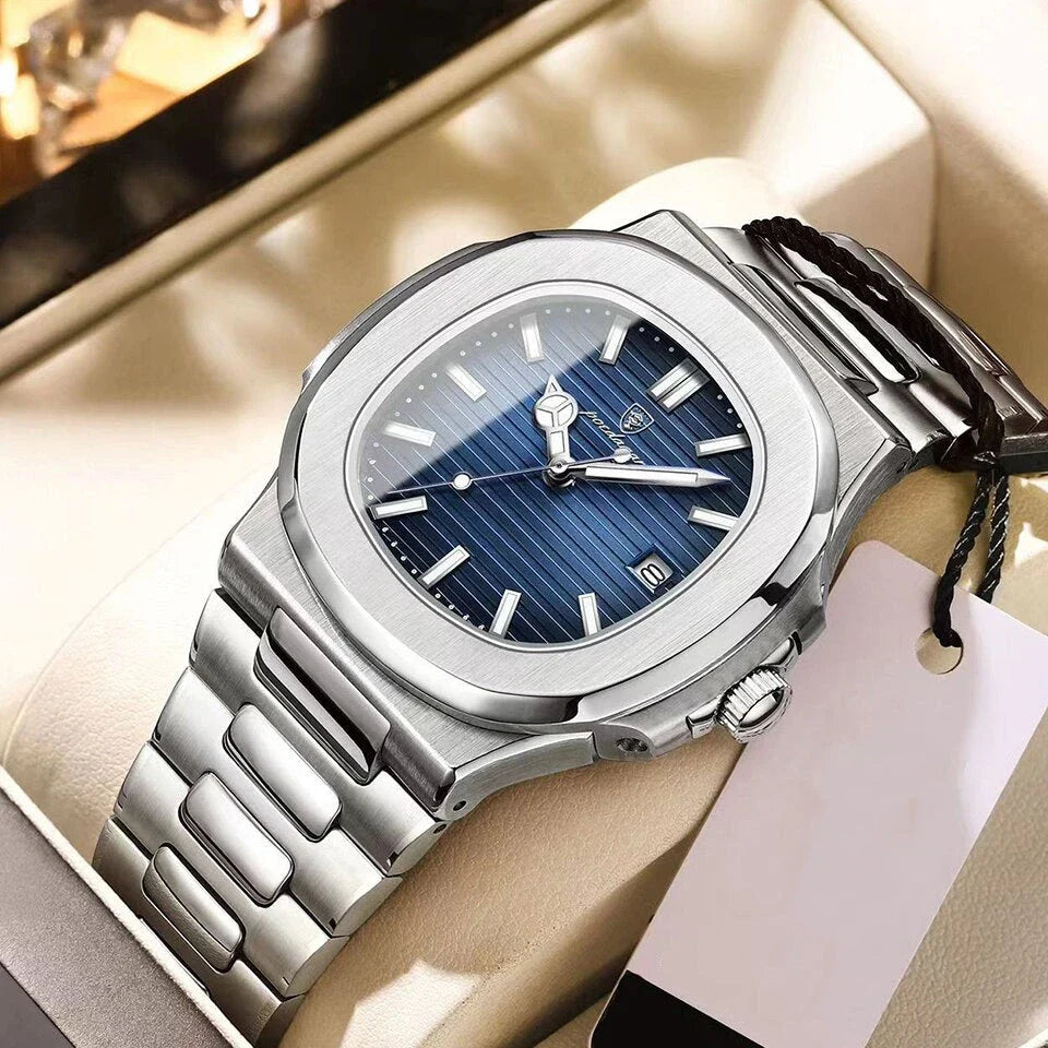 Refined Square Quartz Timepiece with stainless steel band, luminous hands, and water resistance up to 30 metres