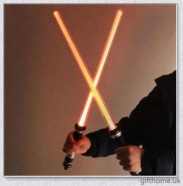 Premium dual-bladed lightsaber with sleek silver hilt, vibrant light modes, and sound effects for authentic Star Wars gameplay