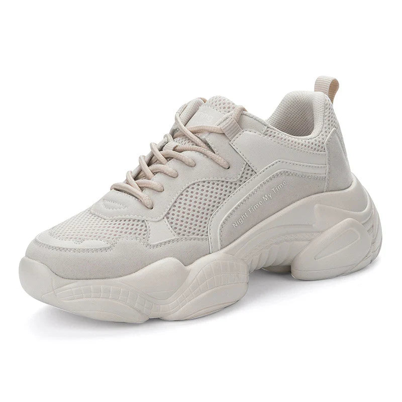 Stylish white platform casual shoes for women, featuring a round toe, thick heel, and comfortable, supportive design.