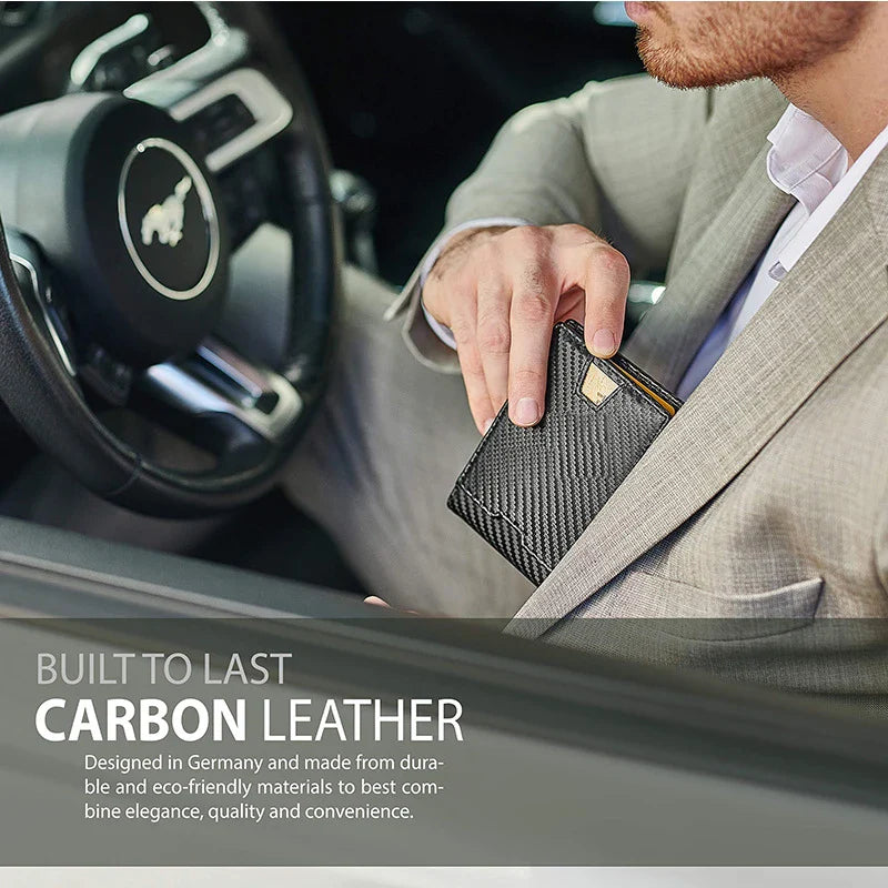 Premium British leather wallet with carbon fibre accents, featuring multiple card slots for organised storage of essentials