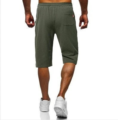 Men's casual linen-cotton cropped trousers in grey, green, and black colours with adjustable drawstring waist and straight-leg silhouette