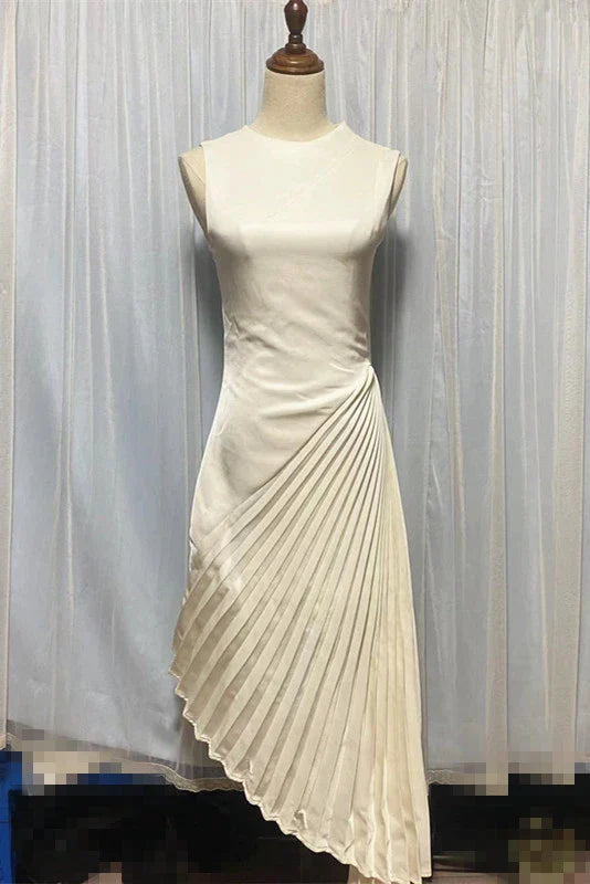 Elegant asymmetric dress with half turtleneck in wine red and milky white colours