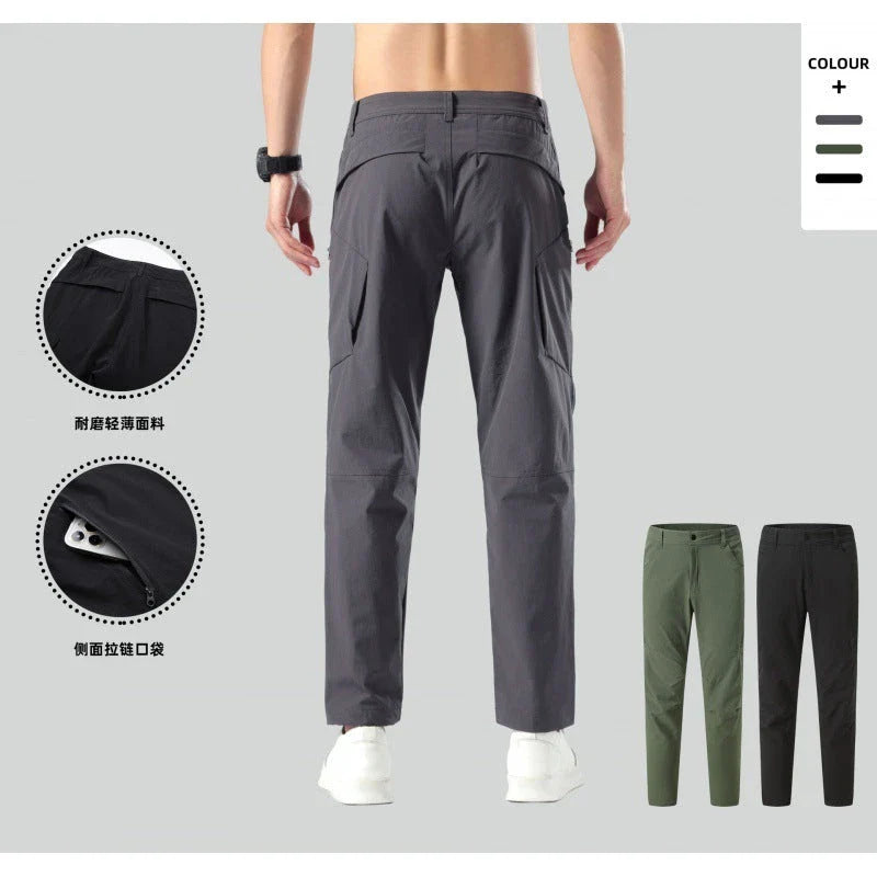 Weatherproof outdoor trousers for men in black, gray, and green colours with adjustable waistband and reinforced panels