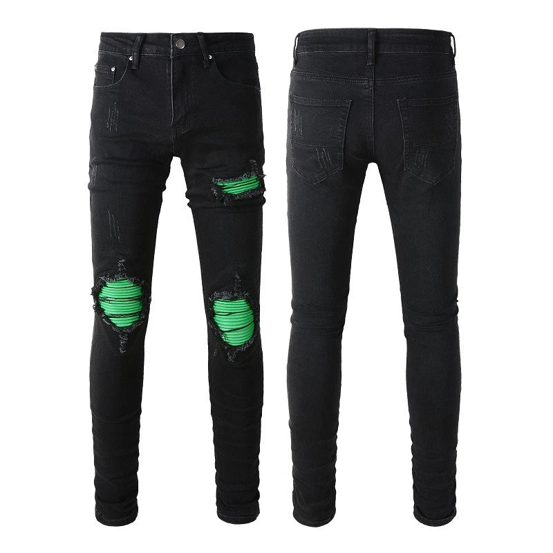 Premium ripped black jeans with stylish green patchwork design, made with medium-elastic fabric for comfort and a slim, flattering silhouette.