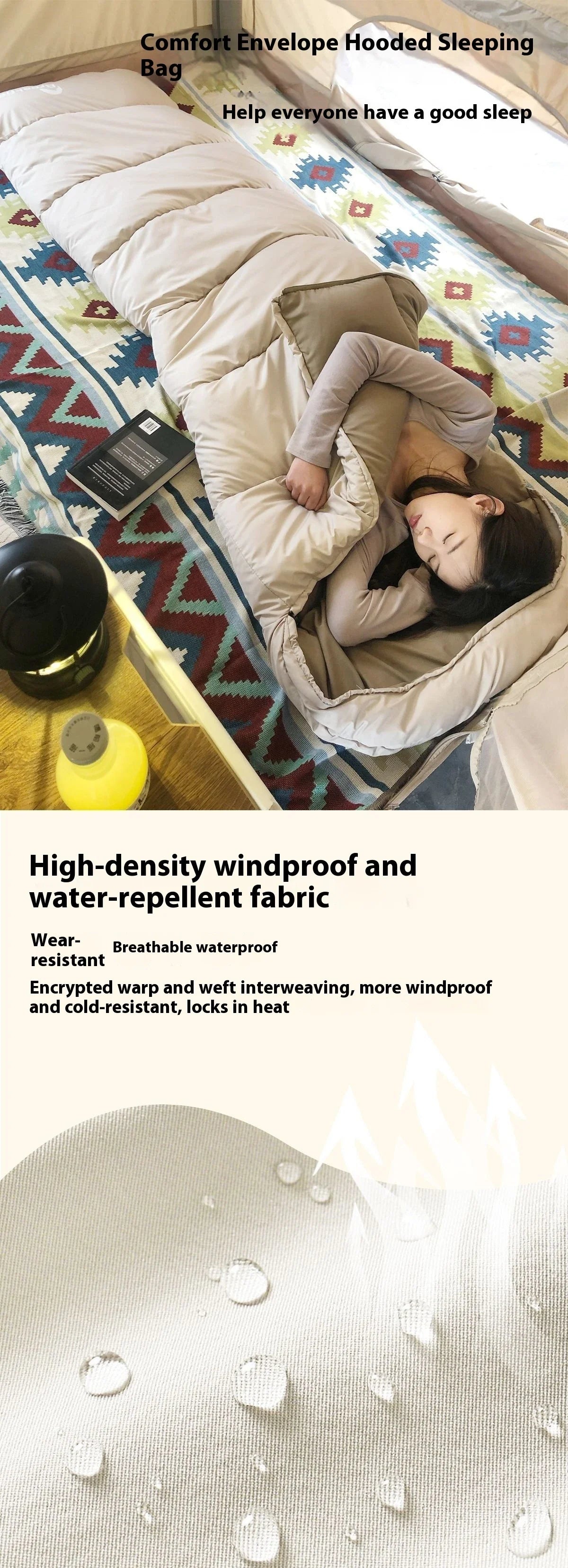 Premium waterproof cotton sleeping bag with envelope-style structure and brushed cloth lining for outdoor camping