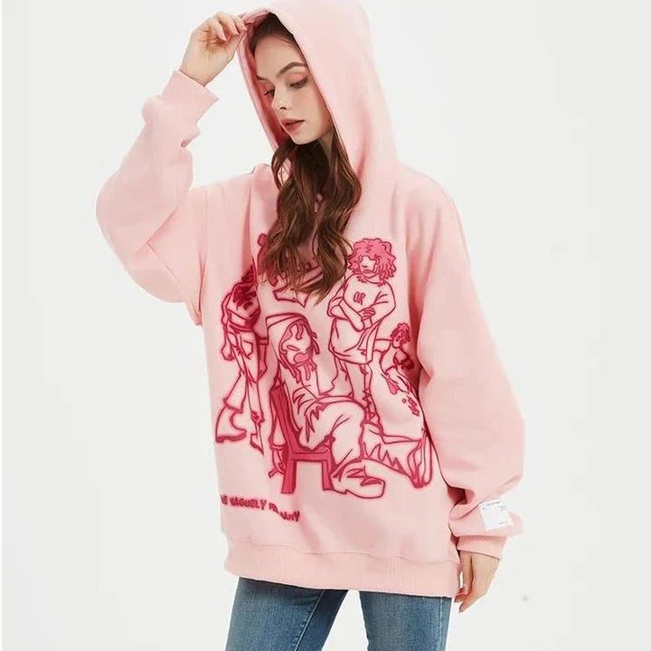 Vibrant Harajuku-inspired anime graphic hoodie with loose, comfortable fit and full-length sleeves