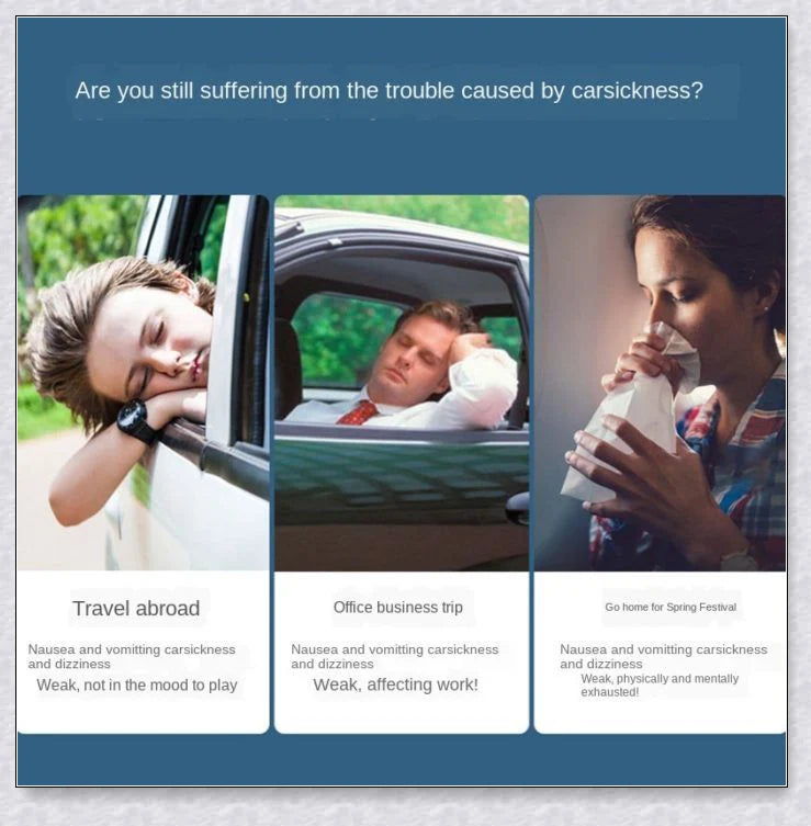 Anti-Motion Sickness Glasses with Boarding Ring technology for relief from nausea, dizziness, and vertigo during travel by car, boat, or plane