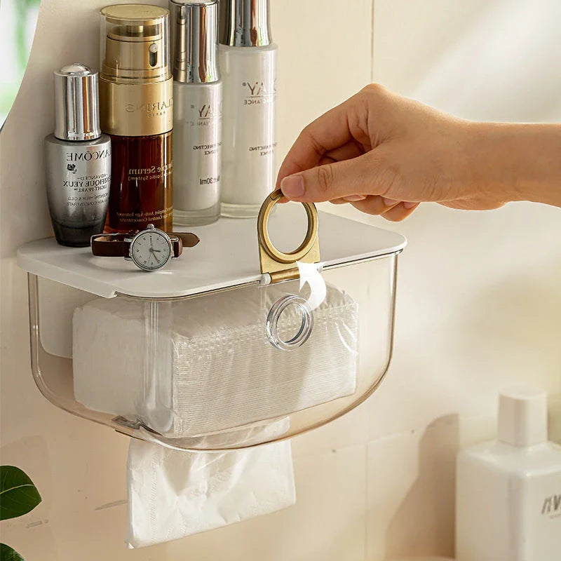 Modern grey wall-mounted tissue box and storage dispenser for bathroom and kitchen