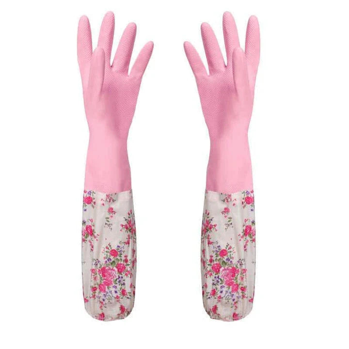 Floral printed rubber kitchen gloves with long length for comprehensive hand and forearm protection