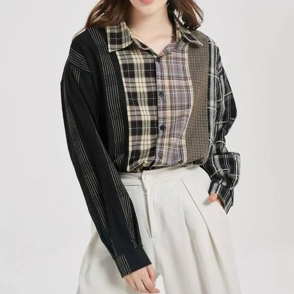 A stylish plaid shirt with a unique patchwork design, made from a comfortable cotton-blend fabric.