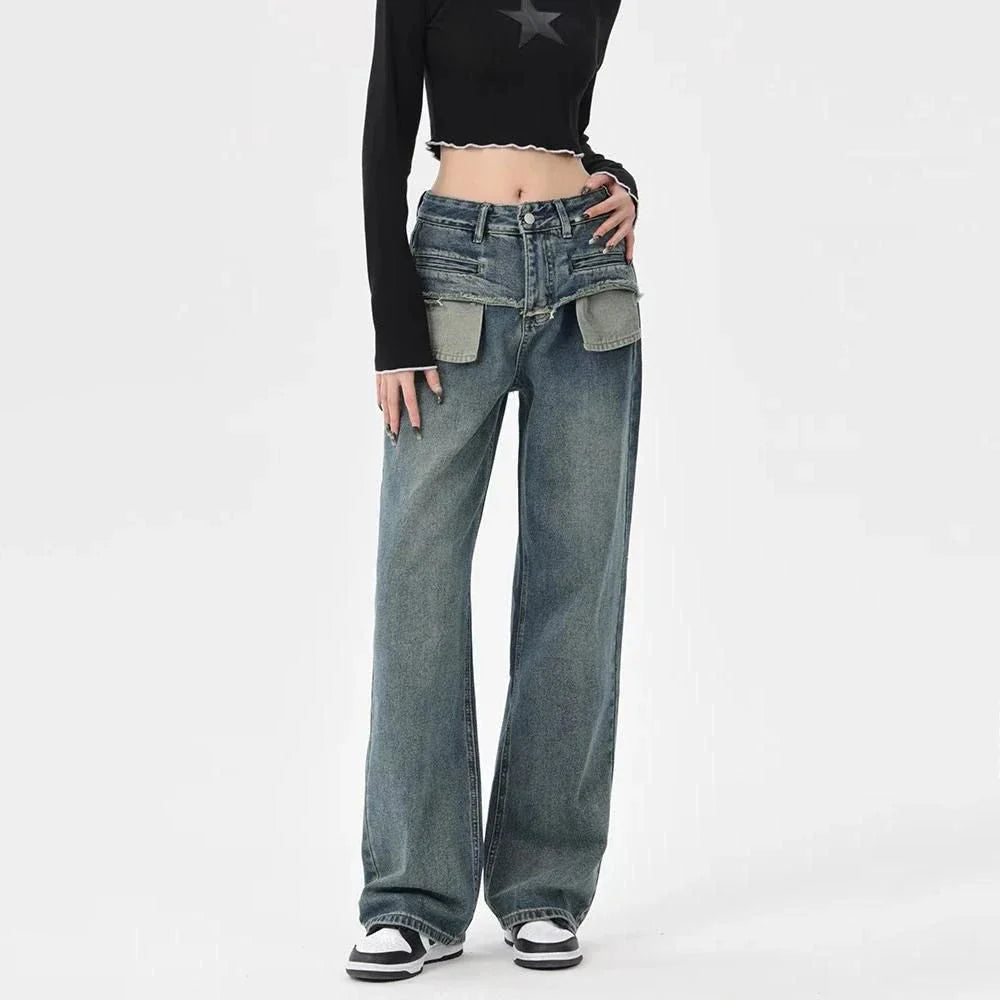 Stylish vintage-inspired high-rise straight-leg women's jeans in a distressed plaid design