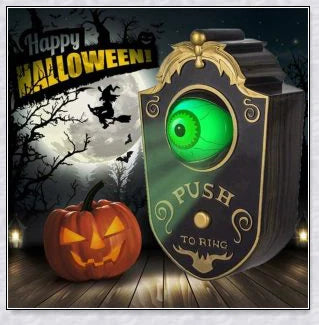 Spooky animated Halloween doorbell with a lifelike glowing green eyeball that peers out and greets guests