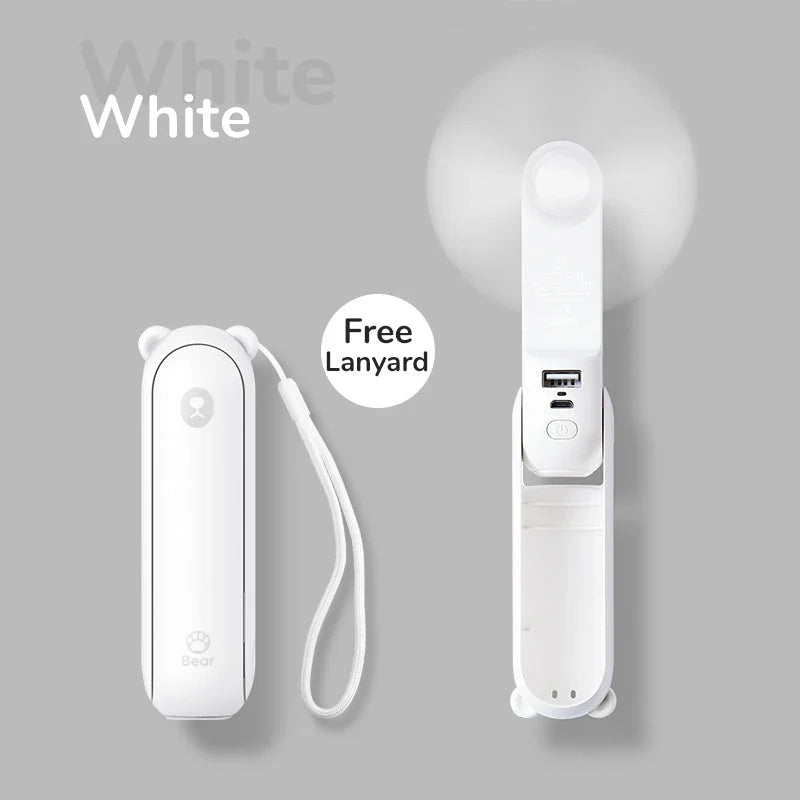 Portable Mini Handheld Fan with 4500mAh battery, 3 speed settings, power bank, and flashlight