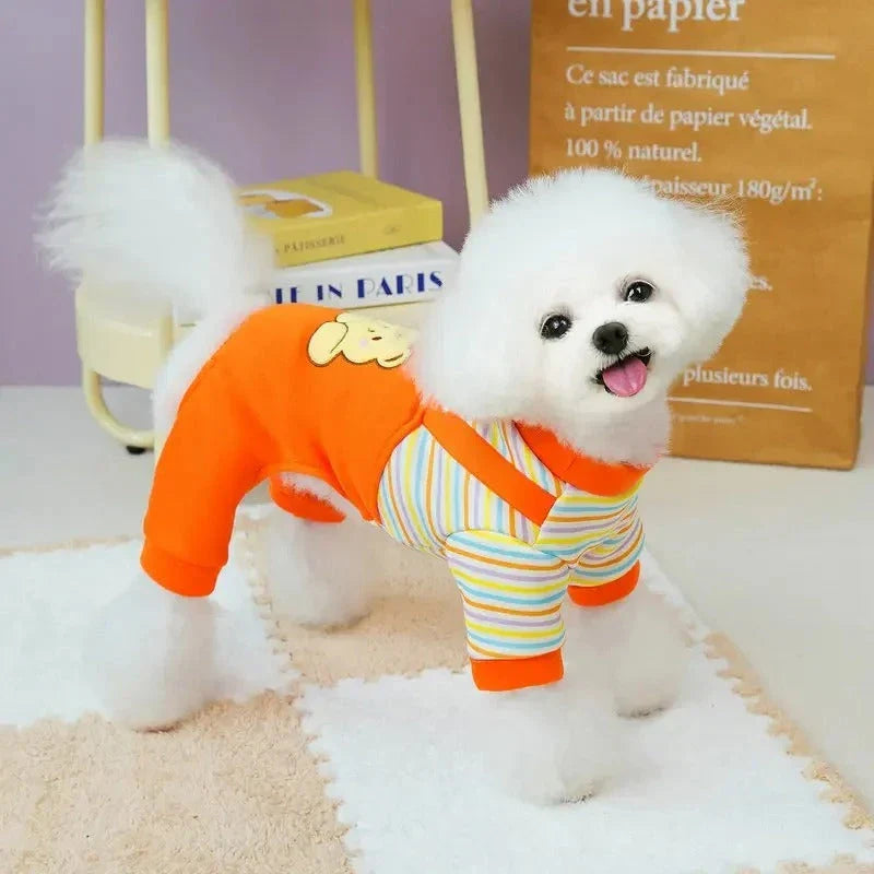 Cosy striped dog jumpsuit pyjamas in various sizes, providing warmth and comfort for your furry friend during the autumn season.