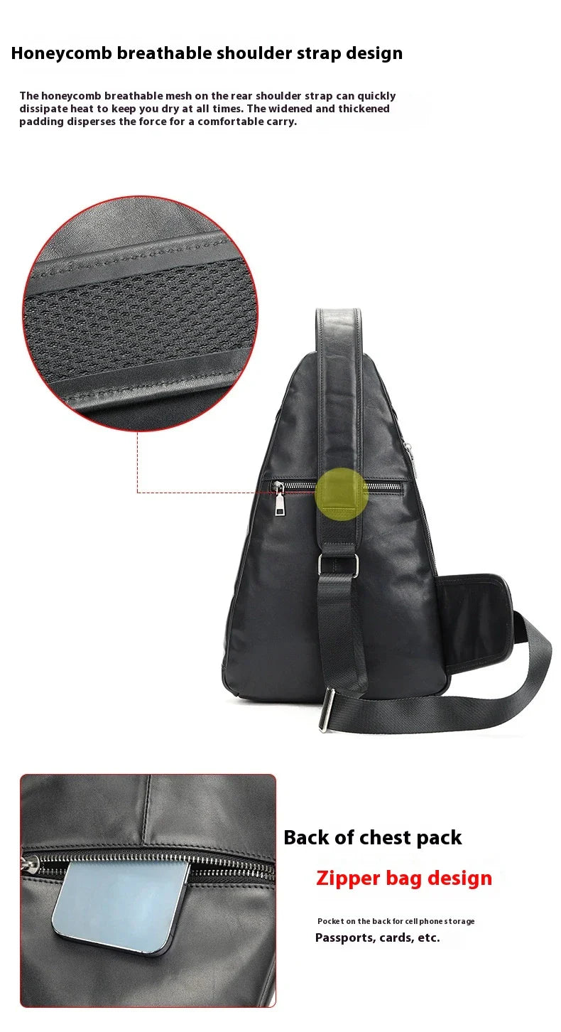 Premium first-layer cowhide chest bag with stylish skeleton skin detailing, suitable for men's everyday use and travel