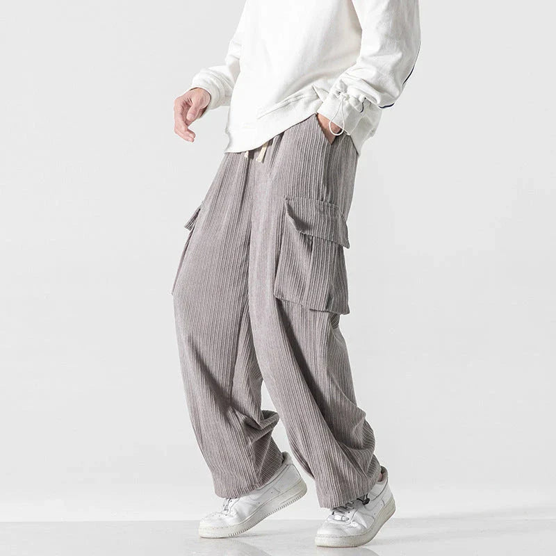 Stylish men's corduroy casual trousers with a relaxed wide-leg silhouette and a variety of classic colour options