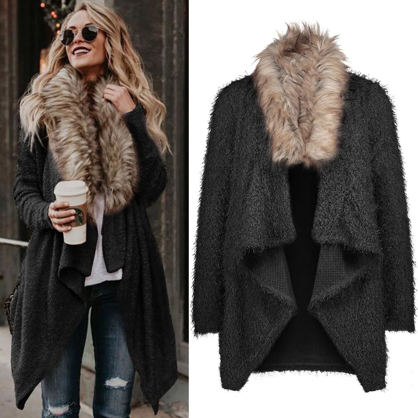 Premium plush trench coat with luxurious fur collar in khaki colour, perfect for transitional British weather