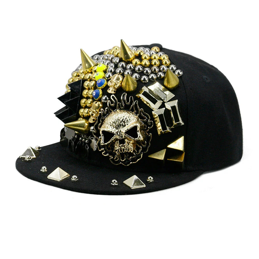 Stylish Ghost Head Baseball Cap with Rivets - Adjustable, Flat Brim, Premium Cotton-Polyester Blend