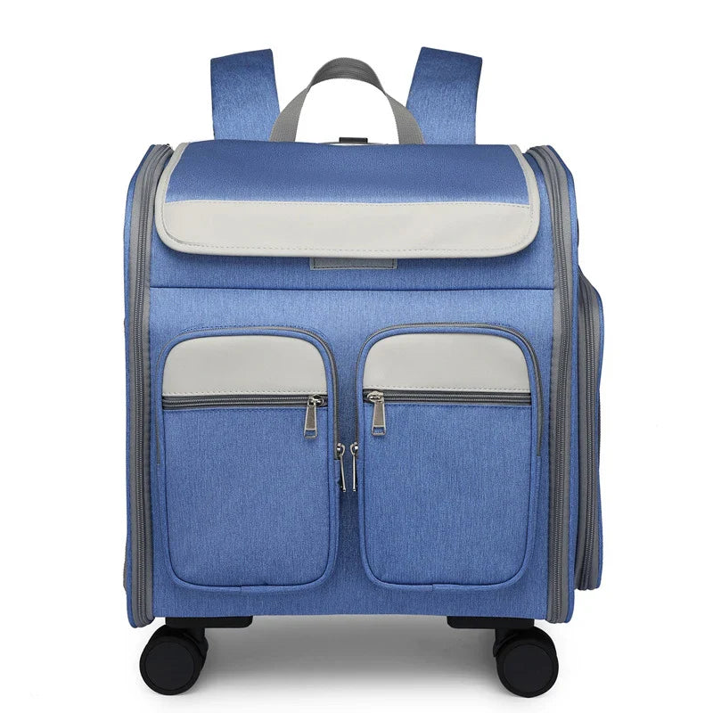 Convenient pet carrier trolley in blue colour, designed with a folding mechanism for easy transport and storage