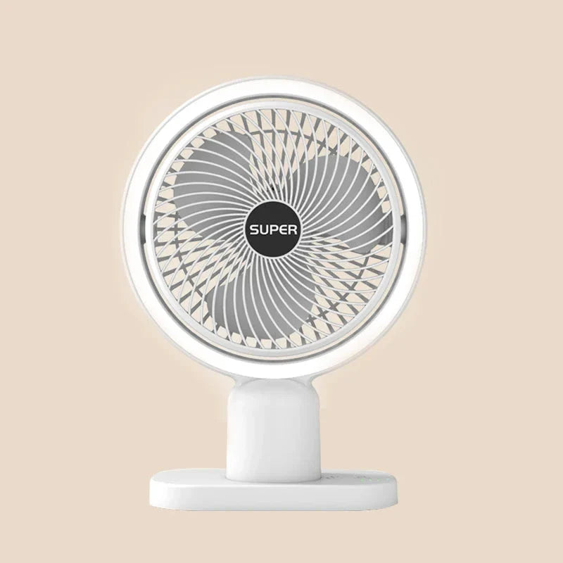 Compact USB-powered desk fan with three-speed airflow and built-in lighting for versatile workspace cooling and illumination