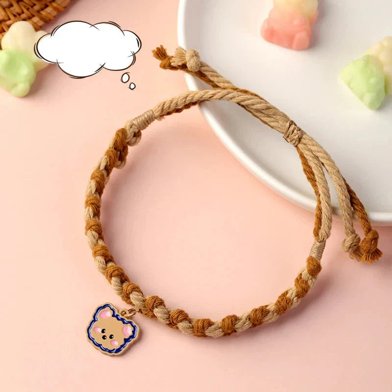 Adjustable Cute Pet Collar with Soft Cotton Rope and Adorable Bear Pendant