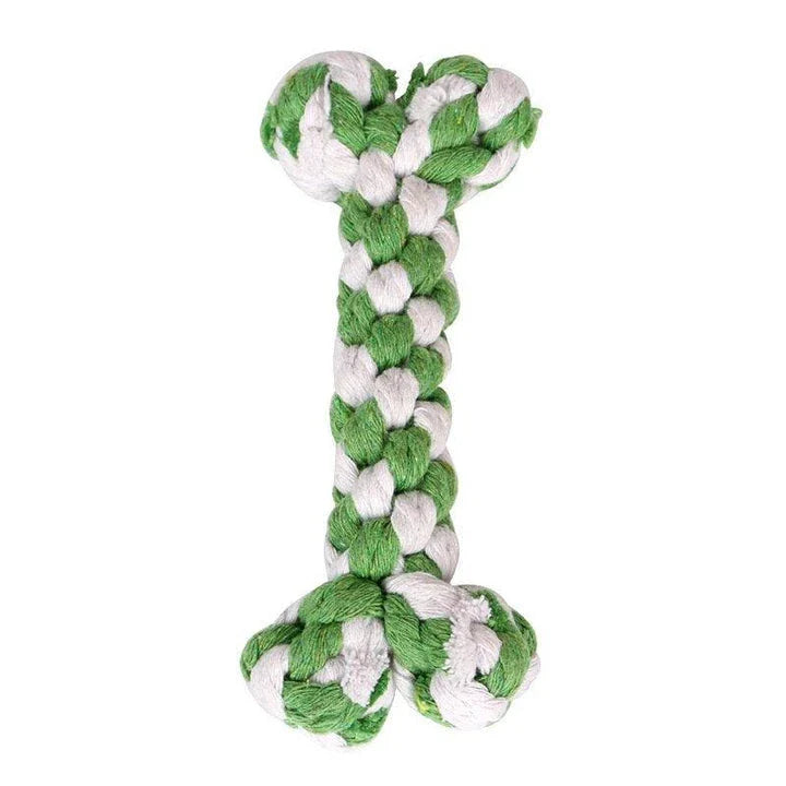 Robust cotton bone-shaped braided toy for dogs, designed to withstand chewing and promote dental health