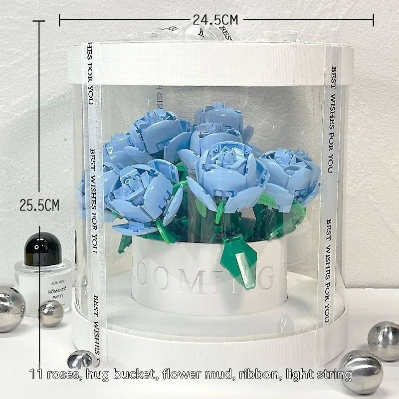 Elegant rose bouquet flower pot with 11 vibrant rose blooms in pink, red, or blue