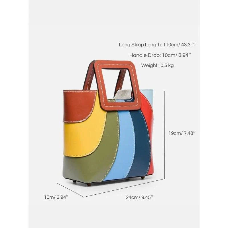 Stylish patchwork vegan leather tote bag with vibrant colour design and versatile carrying options
