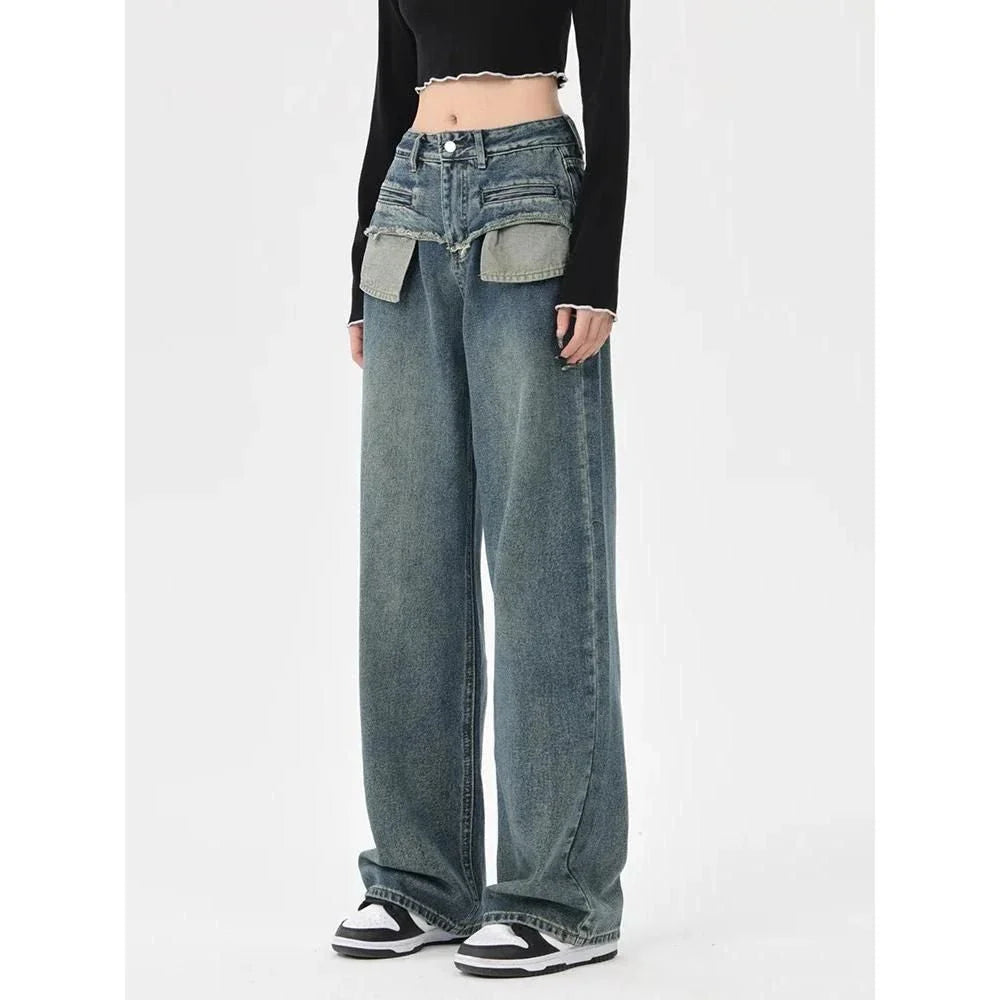 Stylish vintage-inspired high-rise straight-leg women's jeans in a distressed plaid design