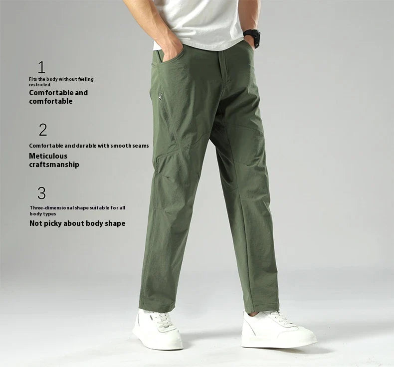 Weatherproof outdoor trousers for men in black, gray, and green colours with adjustable waistband and reinforced panels