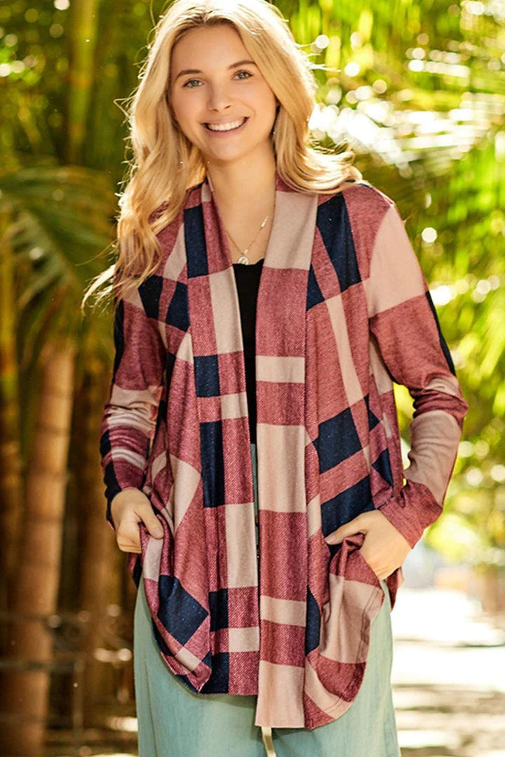A stylish plaid open-front cardigan in a relaxed, comfortable silhouette for versatile British-inspired fashion