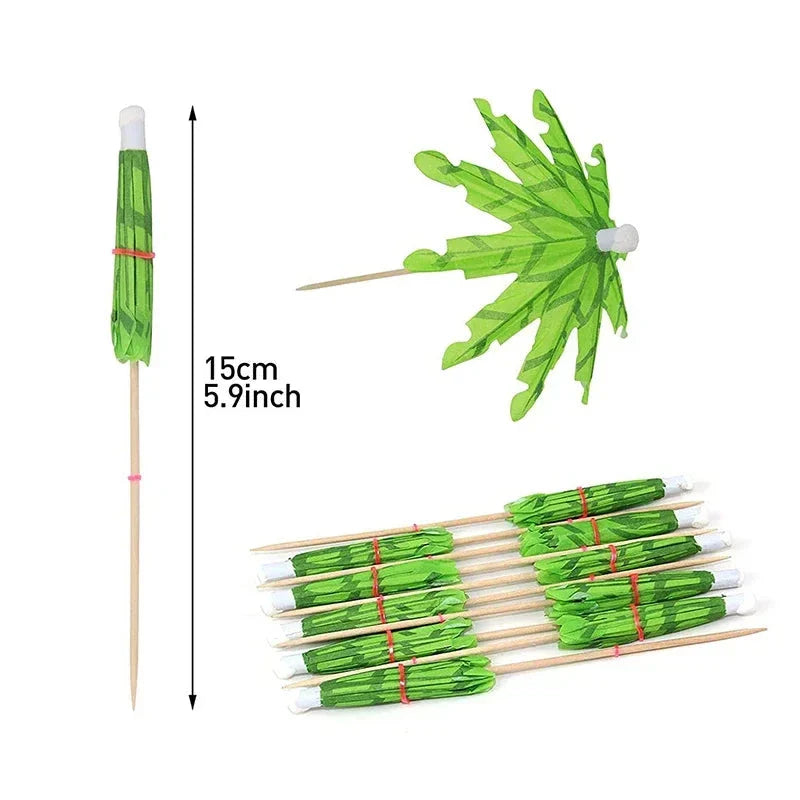Mini coconut tree paper umbrellas in green, perfect for decorating cocktails, mocktails, and desserts at tropical-themed parties and events