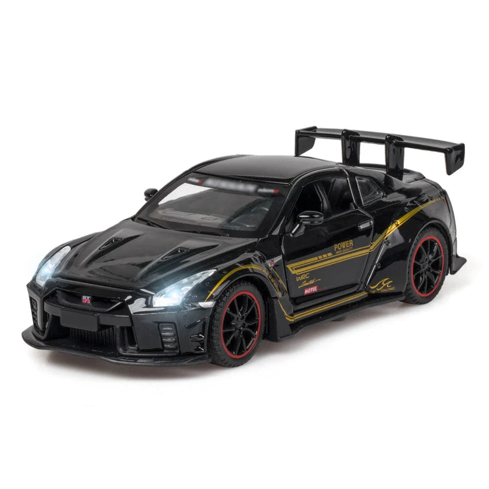 Premium 1:32 scale diecast model of the iconic Skyline R34 and R35 sports car, featuring detailed construction, interactive elements, and authentic design.