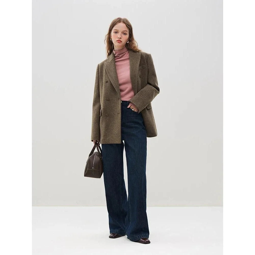 Sophisticated wool blazer and skirt set for professional women, featuring a chic double-breasted jacket and an elegant long skirt with a stylish front split
