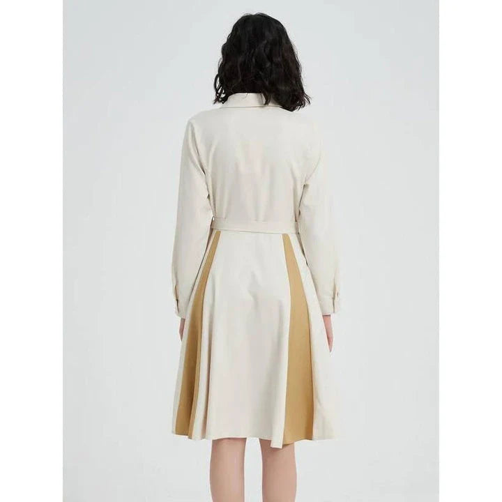 Elegant beige A-line dress with long sleeves, turn-down collar, and included belt for a flattering fit