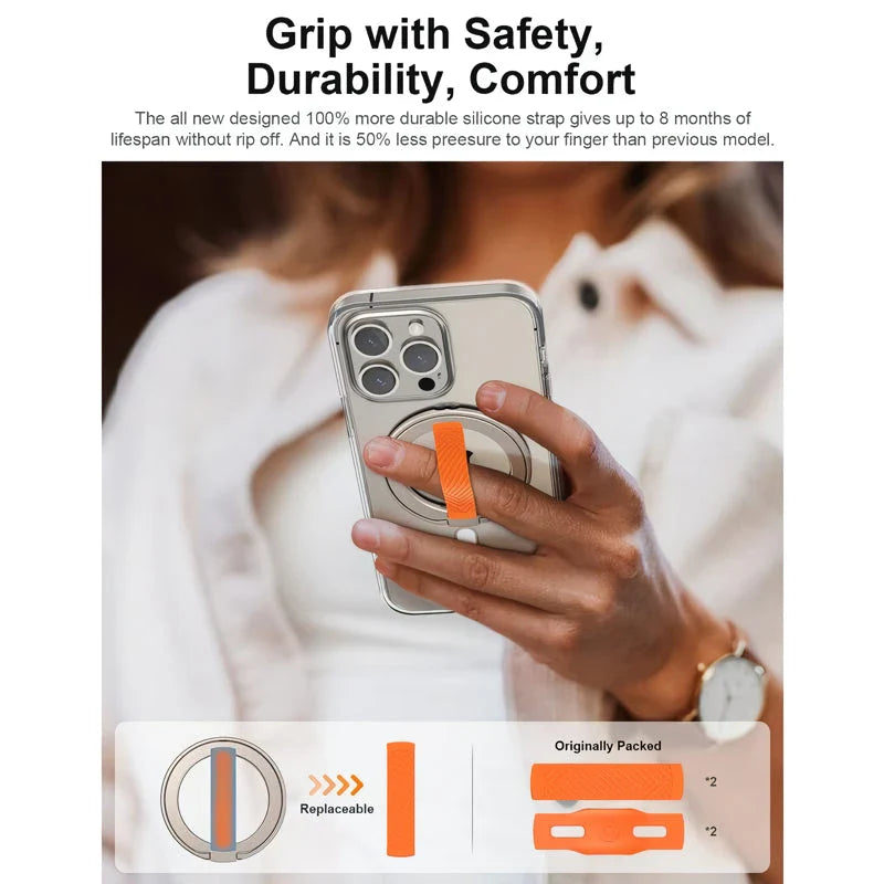 A premium 360-degree magnetic ring phone holder with wireless charging capabilities, made from high-quality aluminium alloy.